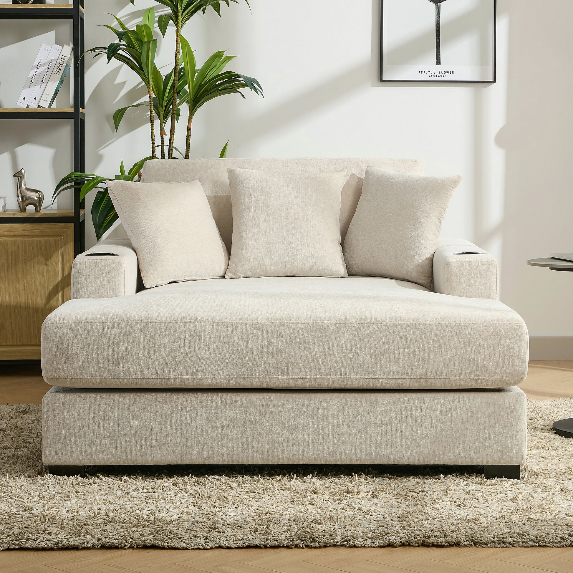 55" Oversized Chaise Lounger Modern Style Sofa Couch ,With Pillows, Charge Station & Cup Holders, Chenille Fabric, Cream Cream Chenille