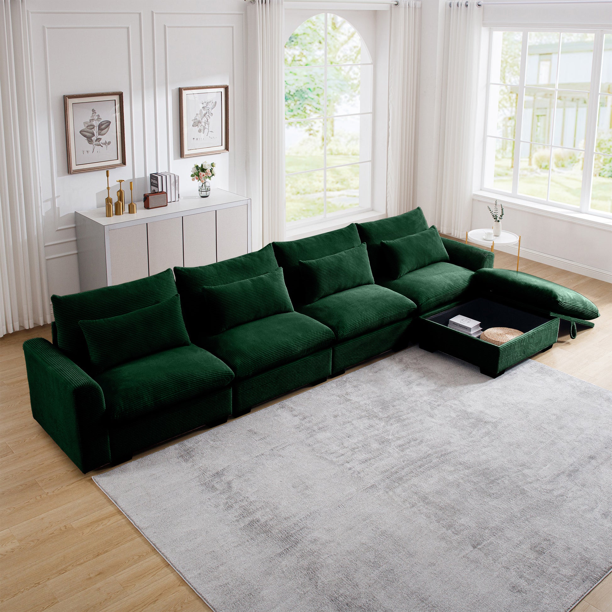 Large L Shape Sectional Corduroy Sofa,Deep Seat Couch With Storage Footstool And 4 Waist Pillows, Green Green Corduroy 4 Seat