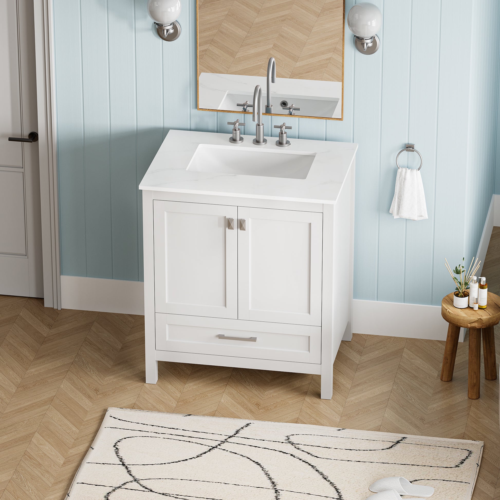 30 Inch Freestanding Bathroom Vanity With Sink, Carrara Engineered Marble Vanity Top With Undermounted Rectangular Ceramic Sink, Large Storage Soft Close Door, White 24V03 30Wh White Wood Solid Wood