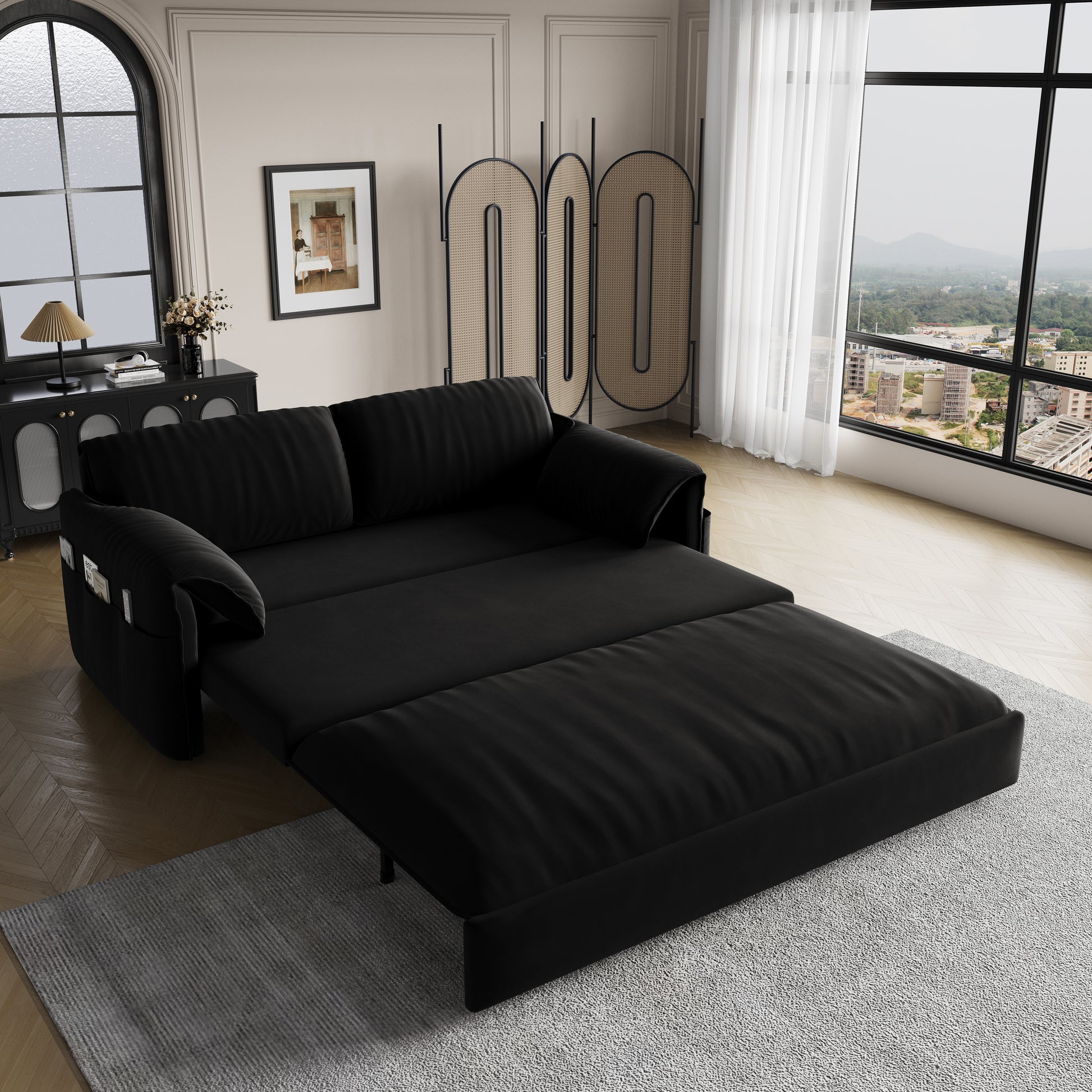 63.8" Queen Pull Out Sofa Bed, 3 In 1 Convertible Sleeper Sofa With Side Storage,Multi Functional Velvet Loveseat Bed For Living Room,Bedroom,Apartment,Office,Black Old Sku:W1885P151441 W1885P154638