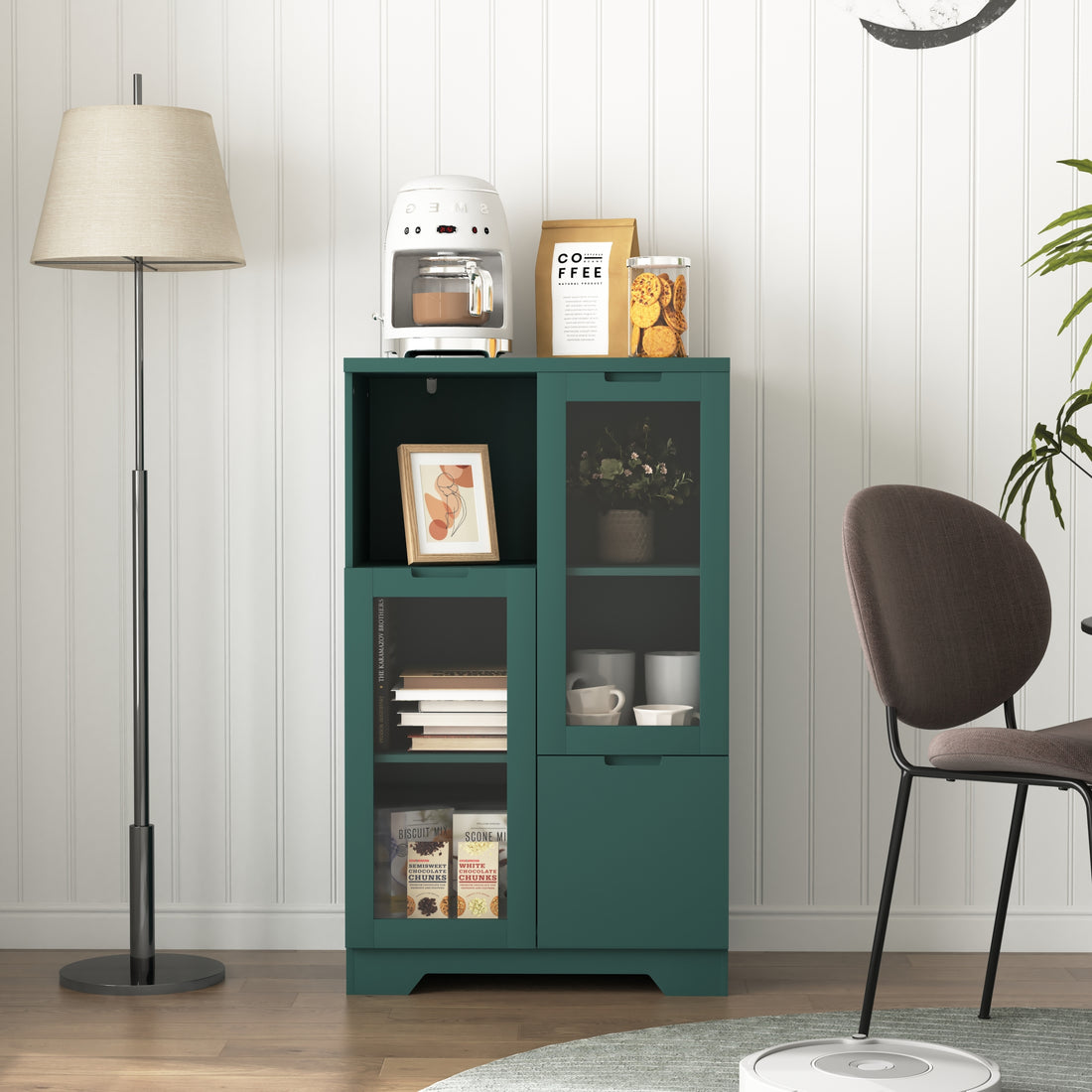 Wooden Floor Cabinet With 2 Glass Doors And 2 Storage Space,Blue Living Room Bathroom Entryway Green Green Mdf