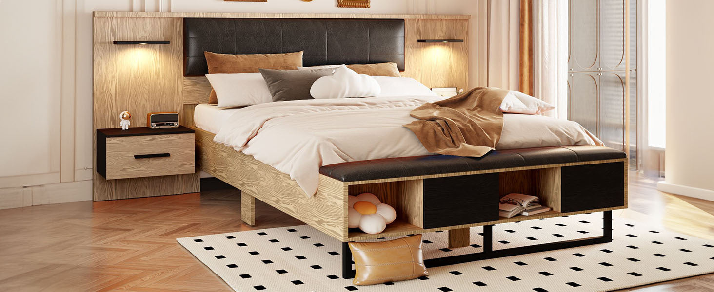 Queen Size Wood Platform Bed With Upholstered Headboard, Lights And Storage Nightstand, Bench, Walnut Box Spring Not Required Queen Walnut Wood Bedroom Bed Frame Faux Leather Solid Wood Mdf