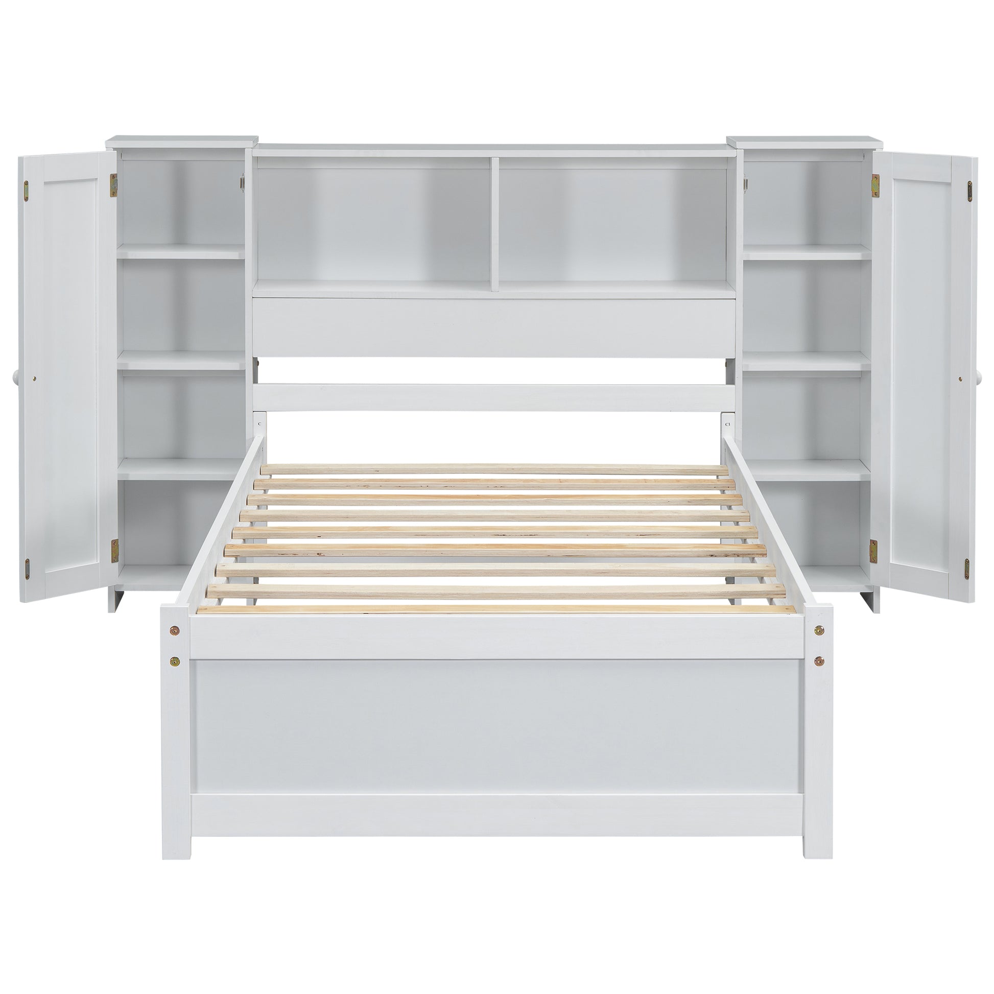 Twin Size Platform Bed With Storage Headboard And Lockers, White Twin Box Spring Not Required White Wood Bedroom Solid Wood Mdf