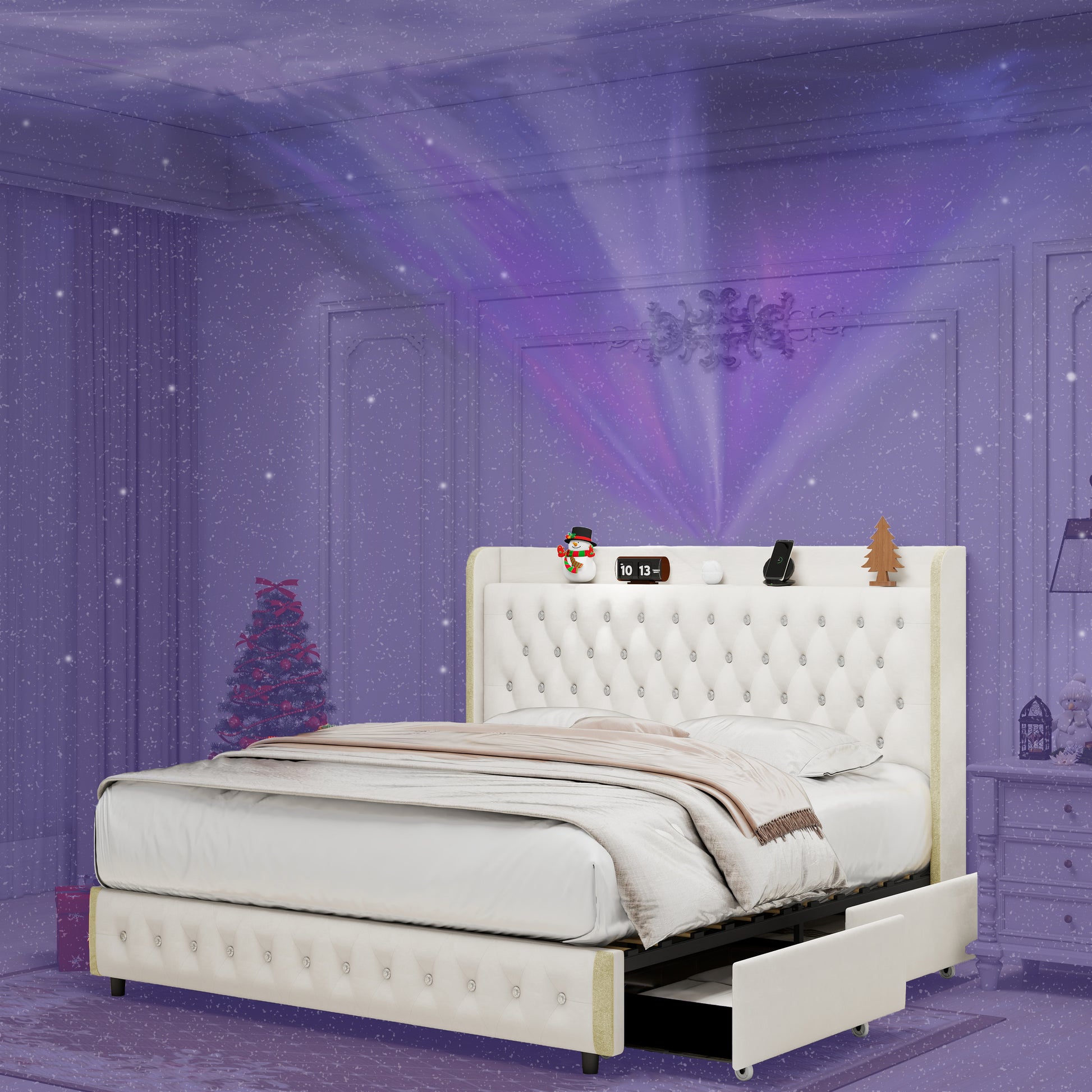 Queen Size Bed Frame With 4 Drawers, Star Projector Galaxy Light, Wingback Upholstered Headboard With Diamond Button, Usb Charger And Music Speaker, Pu Leather Cream Mdf Metal