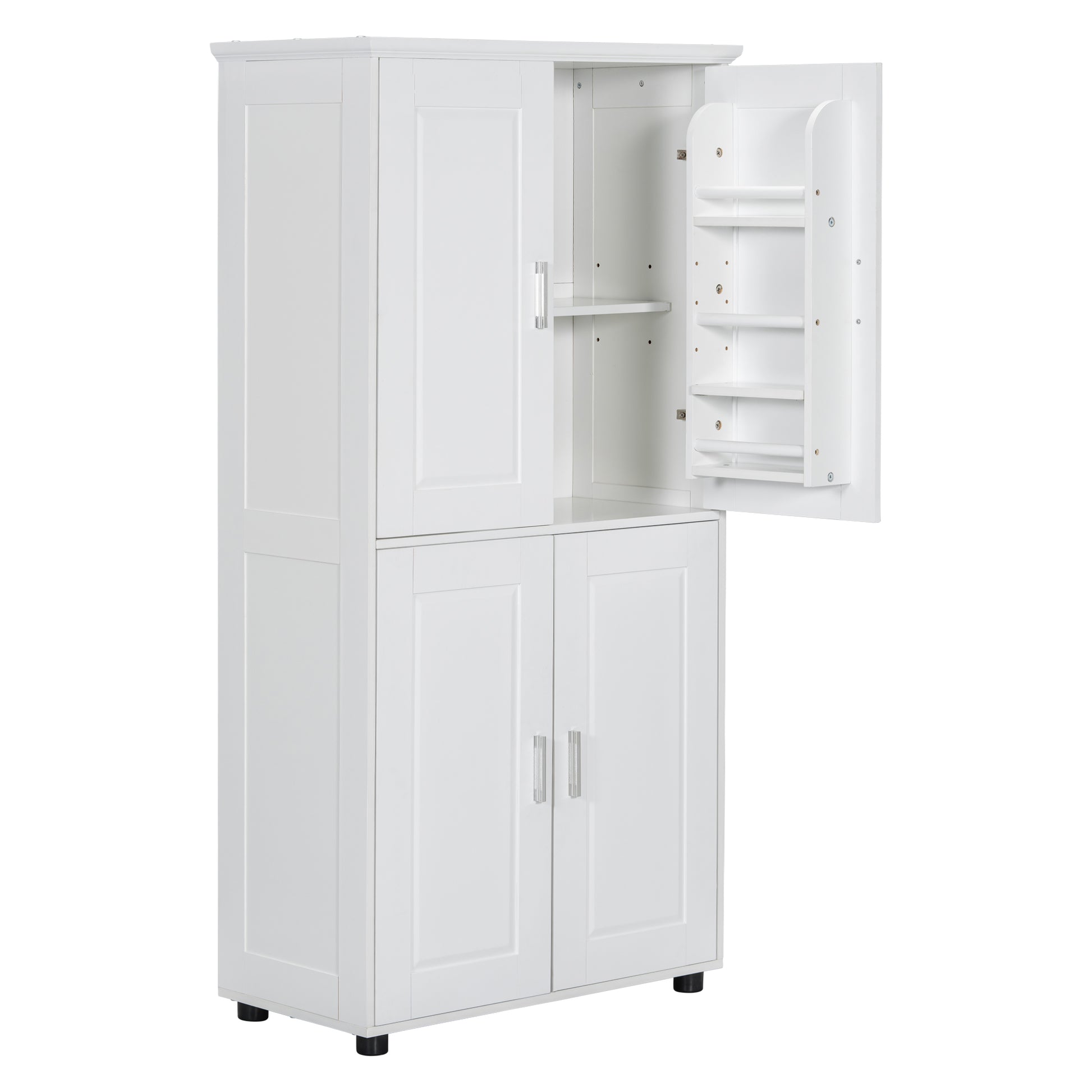 Tall And Wide Bathroom Floor Storage Cabinet, Bathroom Storage Unit, Freestanding Cabinet With 4 Doors, Adjustable Shelves, White White Mdf