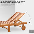 Outsunny Outdoor Folding Chaise Lounge Chair Recliner With Wheels, Acacia Wood Frame Teak Color Natural Acacia Wood