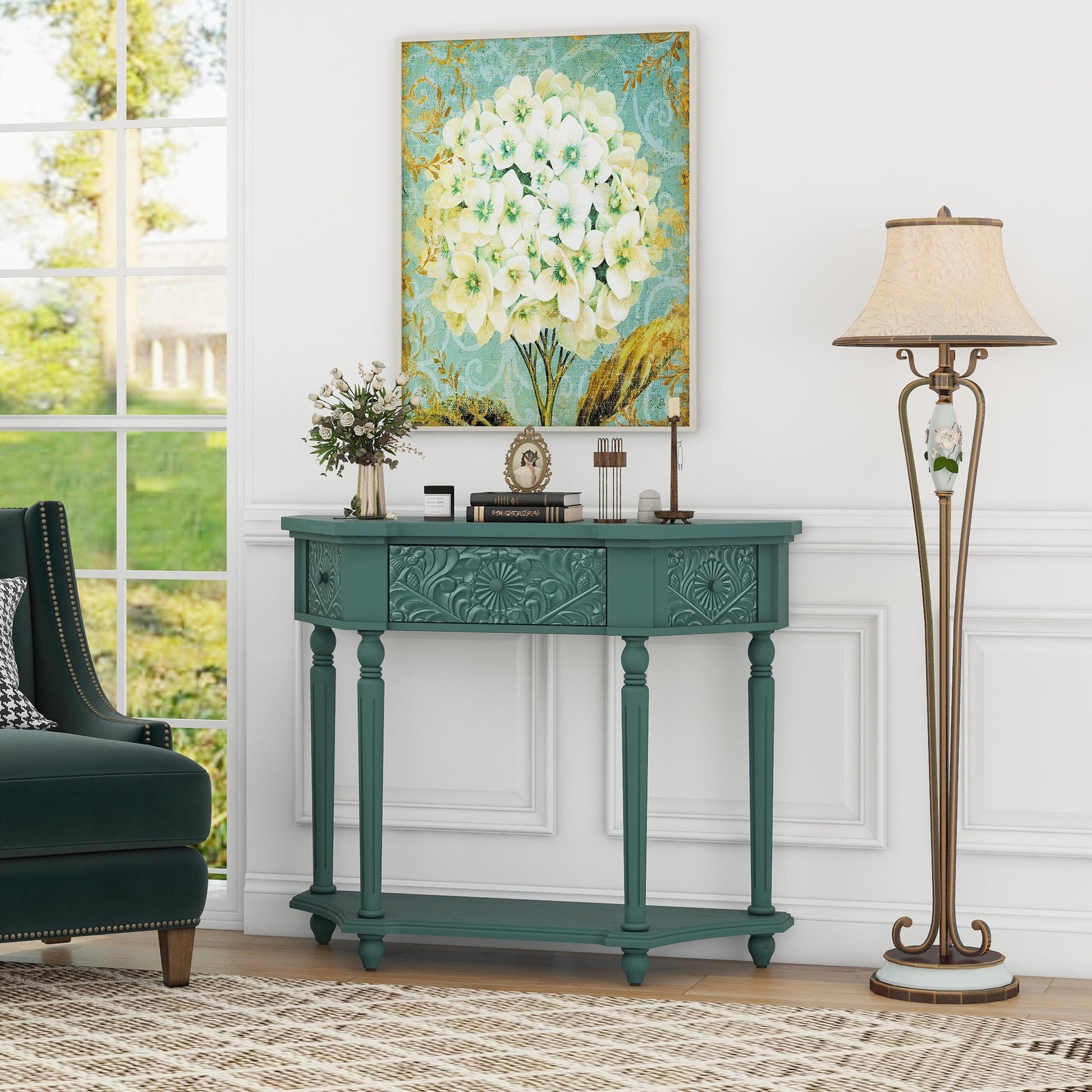1 Drawer End Table,Side Table,Elegant Carved 1 Drawer End Table For Living Room Bed Room Study Entryway Dark Green American Design Mdf