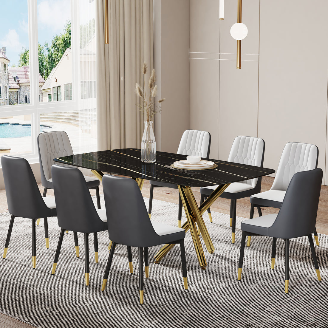 Large Modern Minimalist Rectangular Dining Table With 0.39 "Imitation Marble Black Tabletop And Golden Metal Legs, Paired With Chairs With Pu Cushions And Black Metal Legs. F 1538 C 007 Black Gold Glass Metal