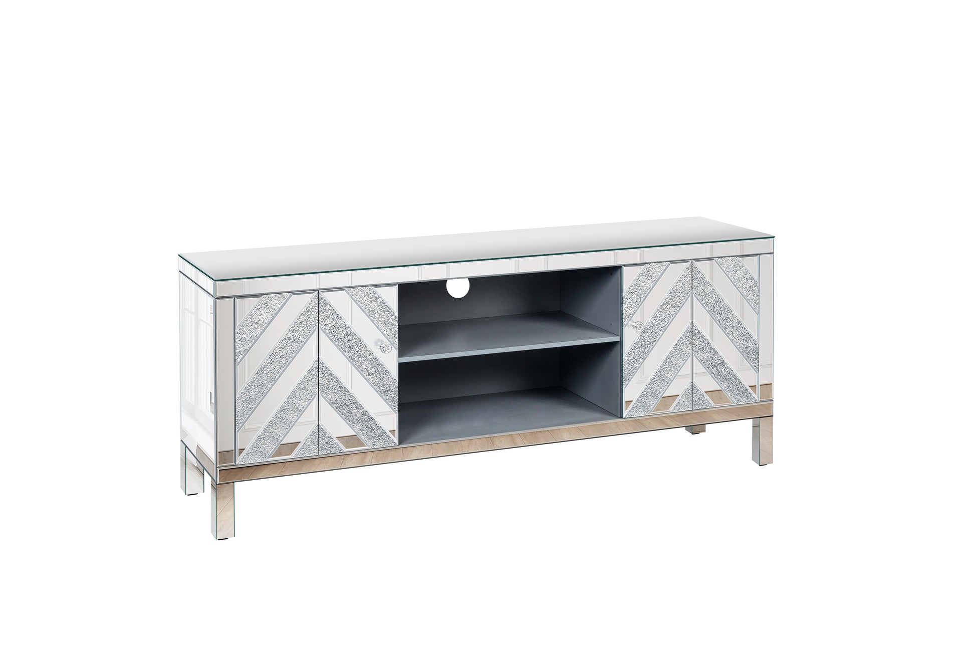 Mirrored Tv Stand For 65 Inch Tv,Sliver Tv Console Table With Open Storage & 2 Storage Cabinets ,M Shape Sparkling Mirror Doors For Living Room 59''W X 25.2''H X 15.7D 1 2 Shelves Mirrored Silver