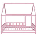 Full Size Floor Wooden Bed With House Roof Frame, Fence Guardrails ,Pink Full Pink Pine