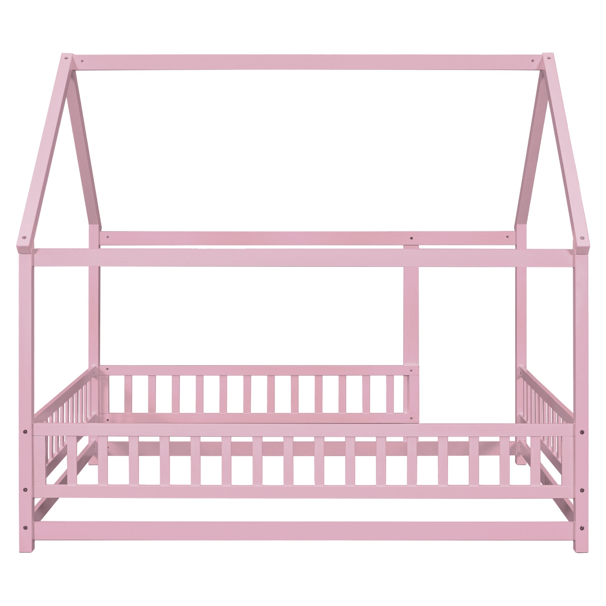 Full Size Floor Wooden Bed With House Roof Frame, Fence Guardrails ,Pink Full Pink Pine