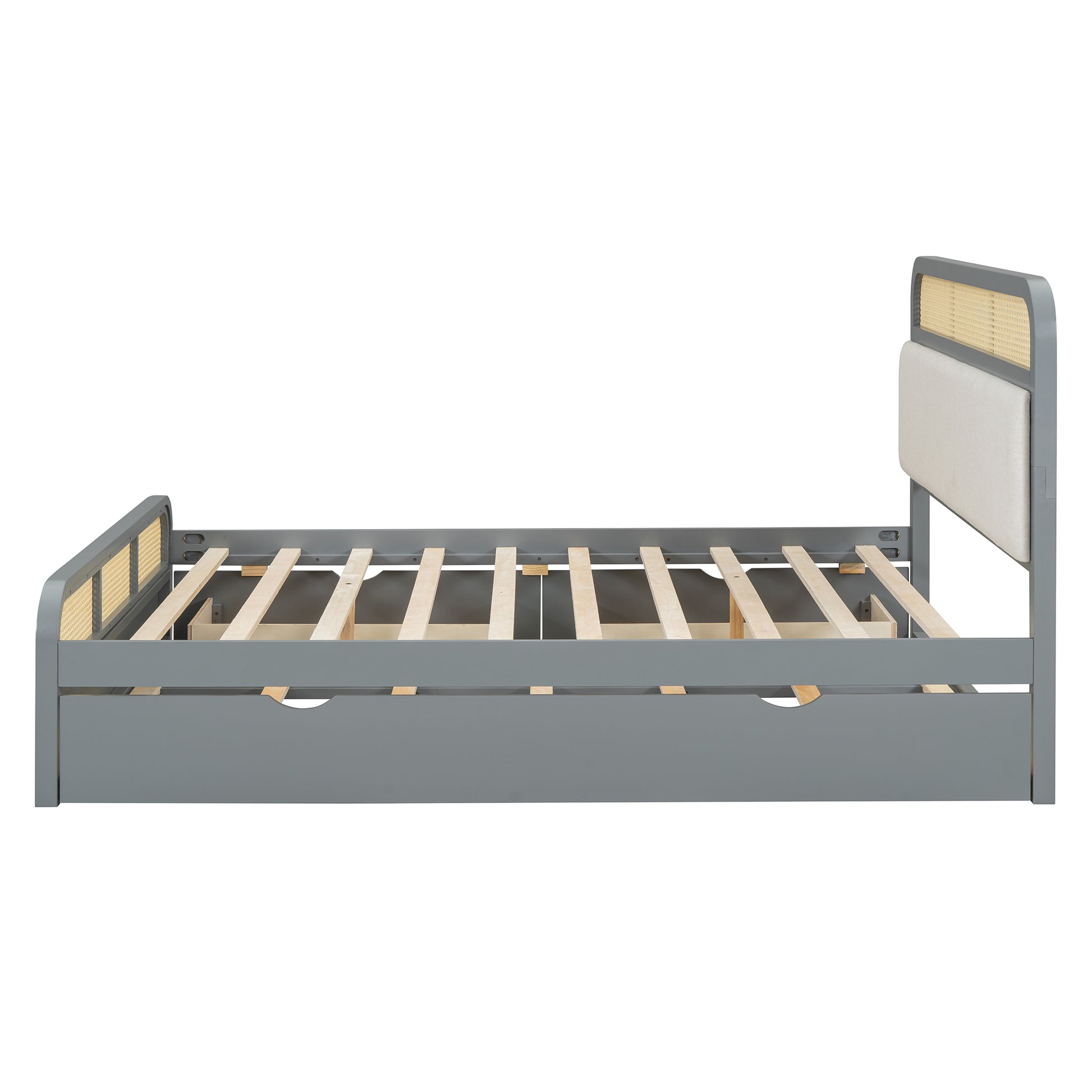 Queen Size Wooden Platform Bed With Trundle And 2 Drawers,Gray Queen Gray Solid Wood Mdf