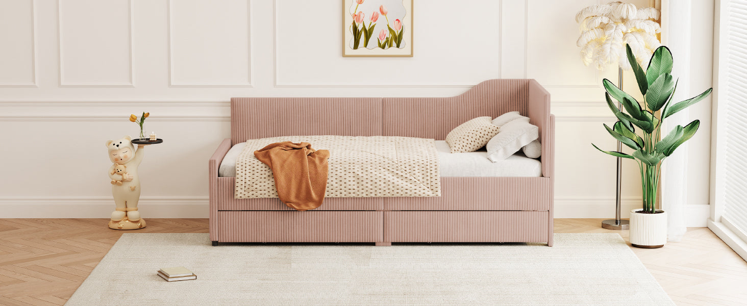 Twin Size L Shaped Corduroy Daybed,Upholstered Bed Frame With 2 Storage Drawers,Pink Twin Pink Wood Fabric