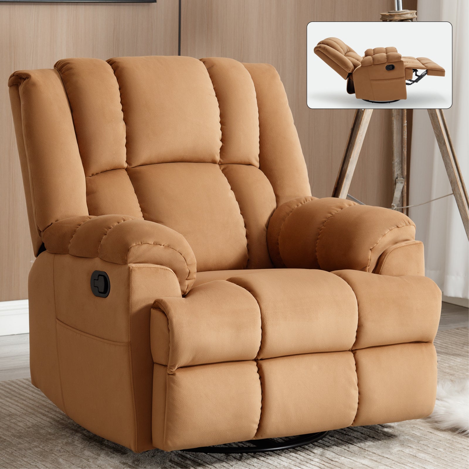 Manual Recliner Chair With Rocker And Swivel In Fabric For Living Room, Beige Beige Polyester Manual Handle Metal Primary Living Space Medium Firm Cushion Back Heavy Duty American Design Pine Pillow Top Arms Fiber Foam And Polyester Fiber Pad Fabric