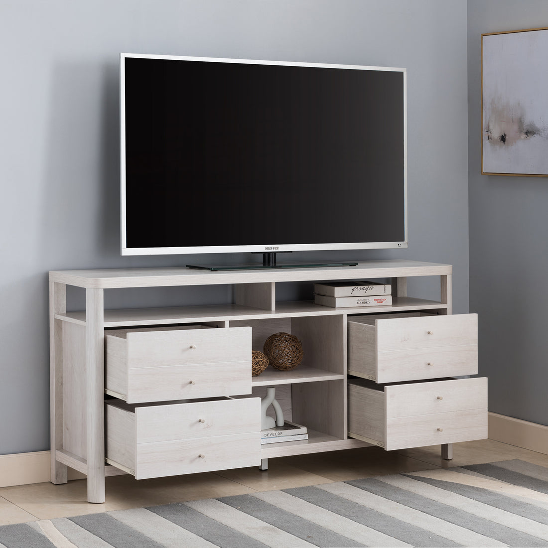 Versatile White Oak Tv Stand Buffet With Two Tier Shelving And Eight Button Tufted Drawers For Modern Spaces White Oak 60 69 Inches Mdf