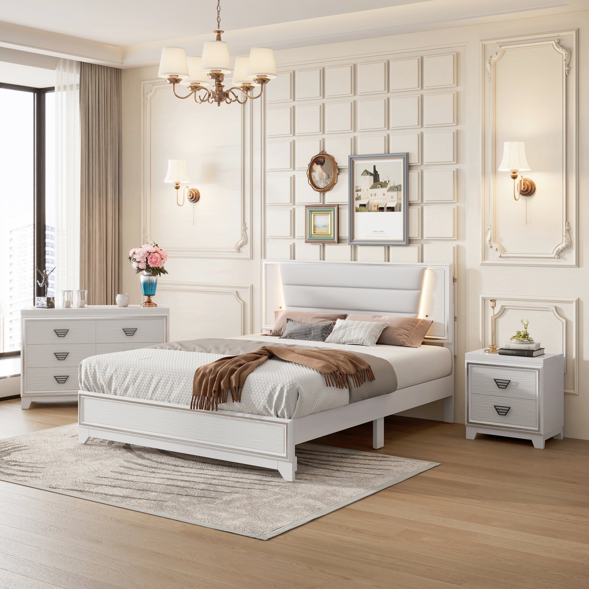 3 Pieces Bedroom Sets Queen Size Upholstered Bed With Led Lights, Nightstands And Dresser With Metal Handles And Sparkling Shiny Decoration, White Expected Arrival Time:8.5 Queen White 3 Piece Set Mdf Metal