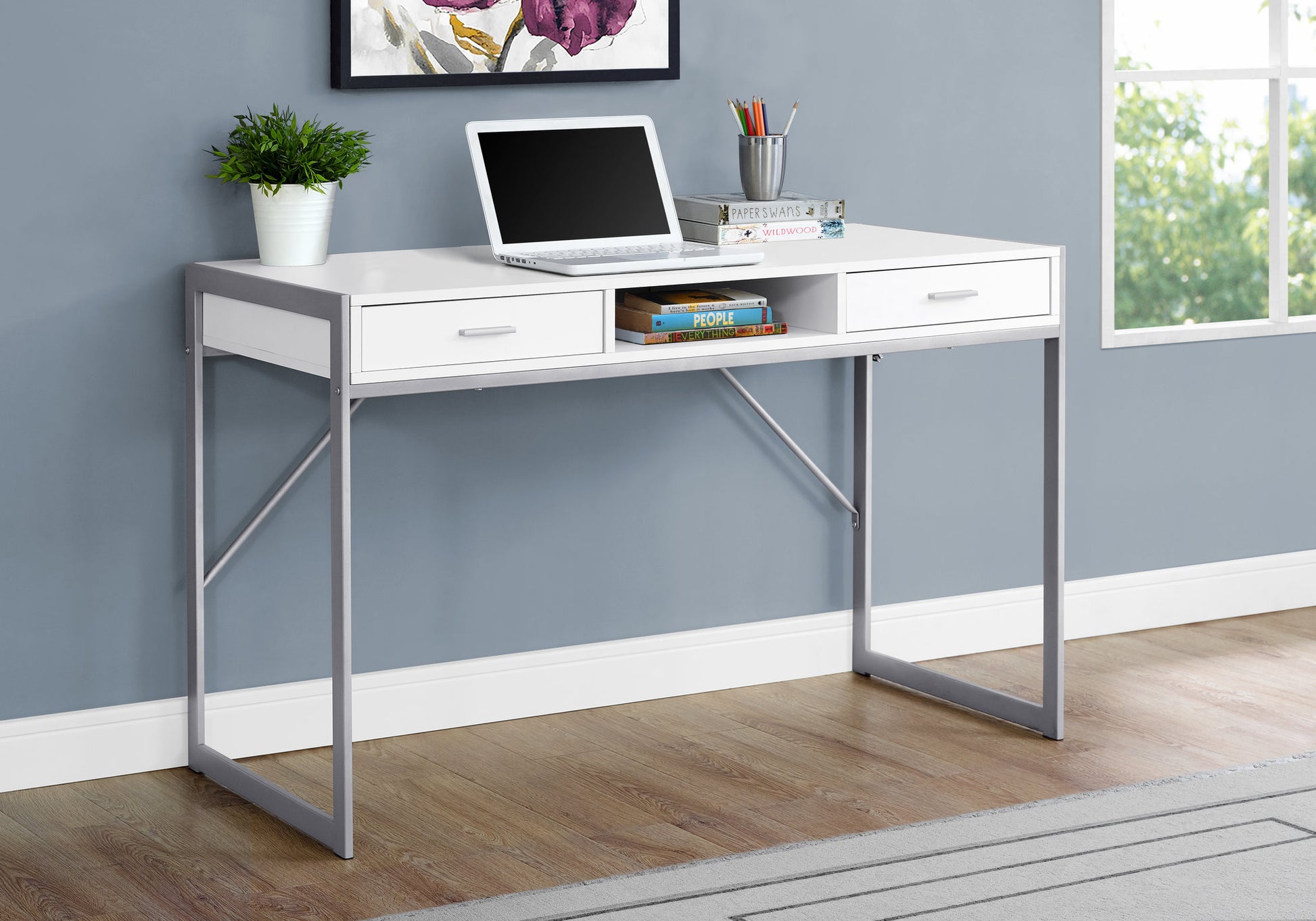 Computer Desk, Home Office, Laptop, Storage Drawers, 48"L, Work, White Laminate, Grey Metal, Contemporary, Modern White Mdf