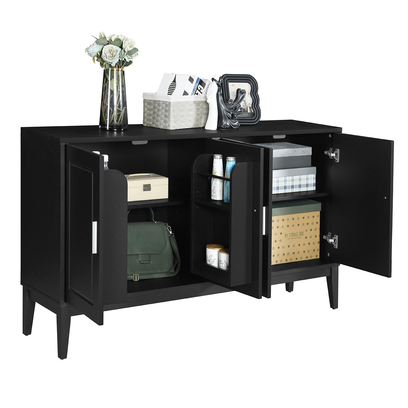 4 Door Sideboard Storage Cabinet With Door Shelf For Living Room And Dining Room, Two Large Cabinets With Adjustable Shelf, Black Black Rubberwood Solid Wood Mdf