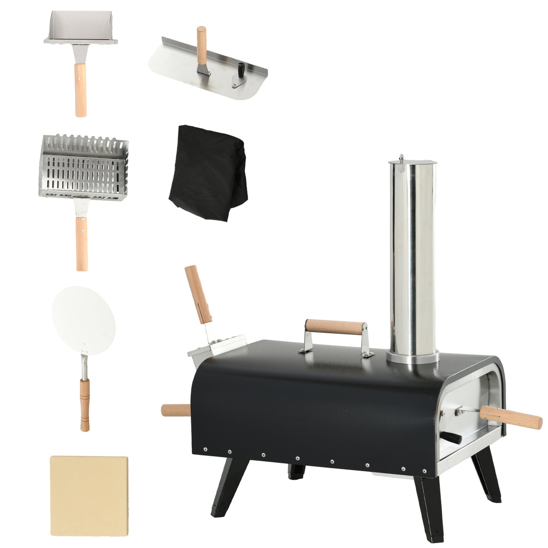 Outsunny Outdoor Pizza Oven With 12" Stone, Peel And Cover, Portable Pellet Wood Fired Pizza Maker With Foldable Legs, Stainless Steel Pizza Grill For Outside, Backyard, Outdoor Kitchen Black Steel