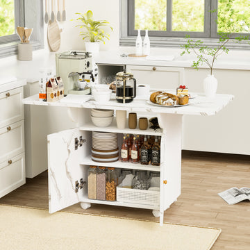 47" Wood Folding Dining Table With Storage Rack And Cabinet, Removable Entryway Table With 6 Wheels, White Marble Color Kitchen Island, Side Table And Coffee Table Versatile Table Space Saving White