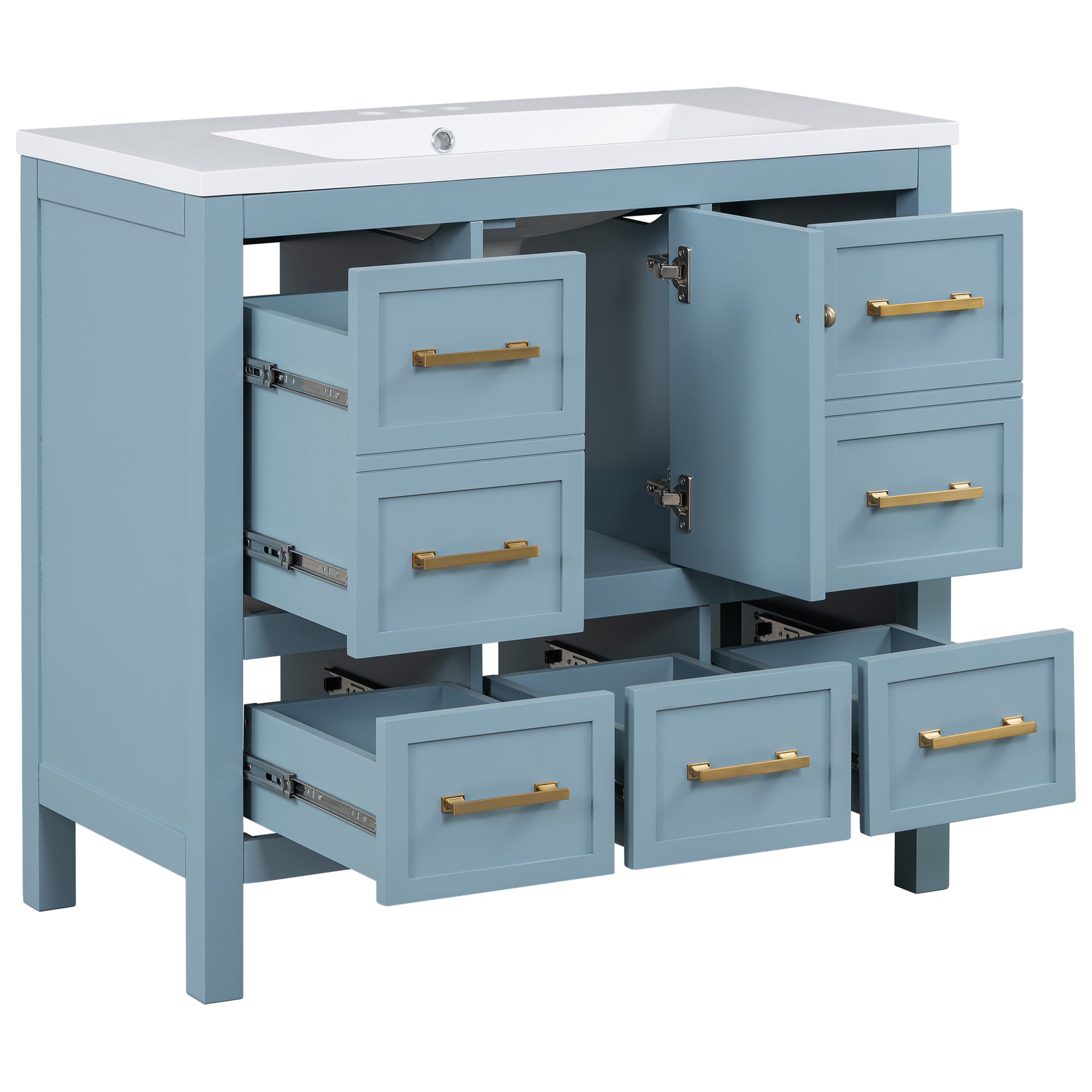 36'' Bathroom Vanity With Resin Sink Combo, Solid Wood Frame Bathroom Storage Cabinet, Freestanding Vanity Set With 5 Drawers& Soft Closing Doors Same As Sw000142Aam Blue Bathroom Solid Wood Mdf Resin