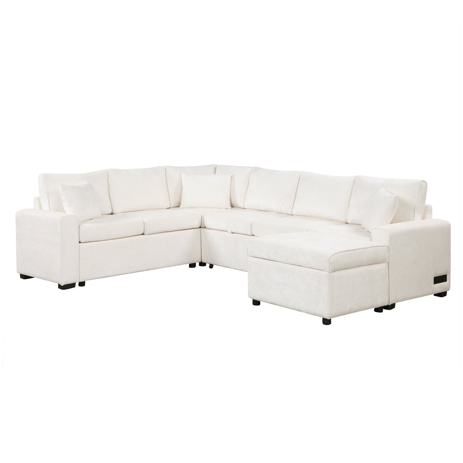 112.2" Sectional Sofa Pull Out Sofa Bed Sleeper With A Storage Ottoman,Three Pillows And Charging Devices For Living Room, Cream Cream Foam Chenille 6 Seat