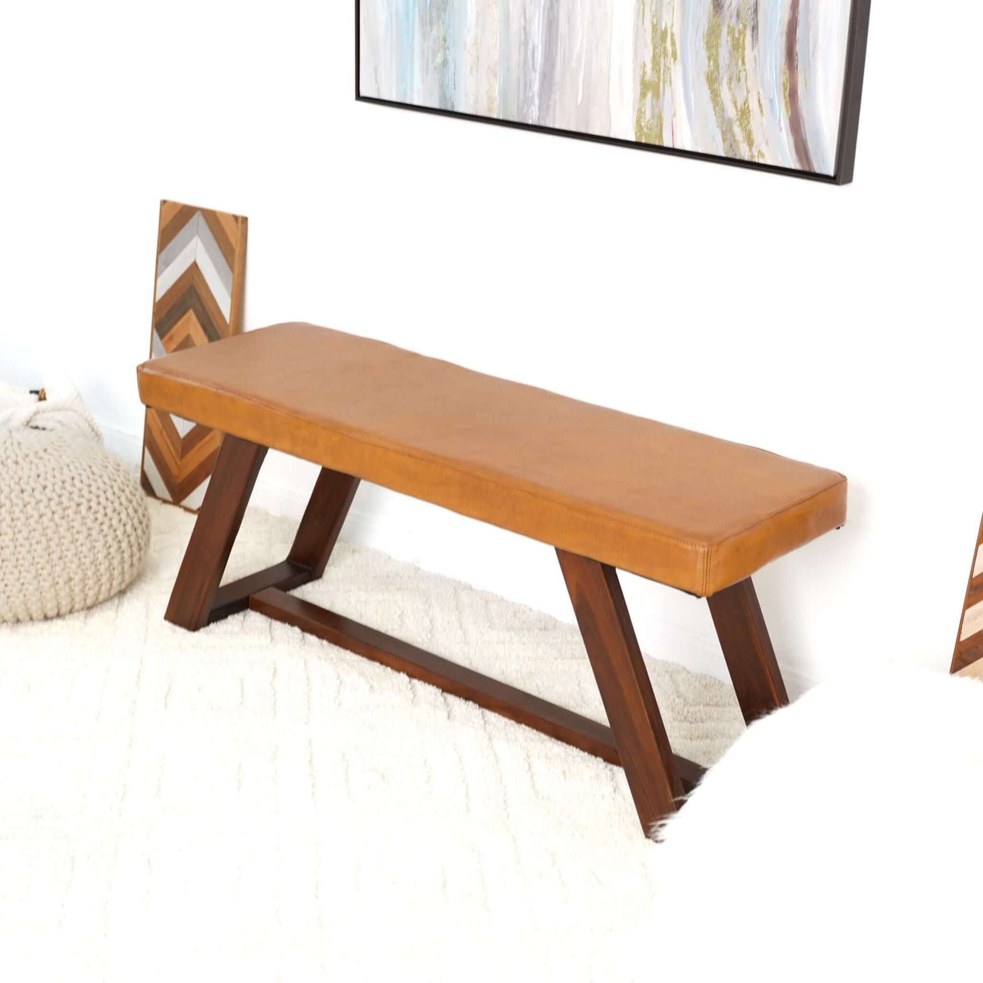 Marley Genuine Leather Bench In Tan Light Brown,Rustic,Wood Brown Genuine Leather Brown Genuine Leather,Solid Wood