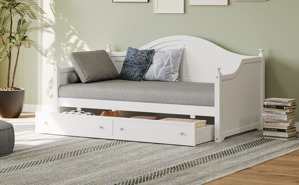 Twin Size Wood Daybed With 2 Storage Drawers ,Wooden Sofa Bed With Handrail For Living Room Bedroom, White Box Spring Not Required Twin White Wood Bedroom Wood