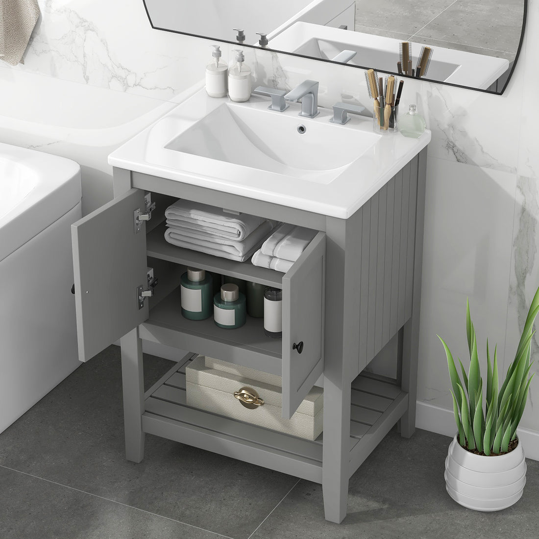 Video 24" Grey Modern Sleek Bathroom Vanity Elegant Ceramic Sink With Solid Wood Frame Open Style Shelf Grey Solid Wood