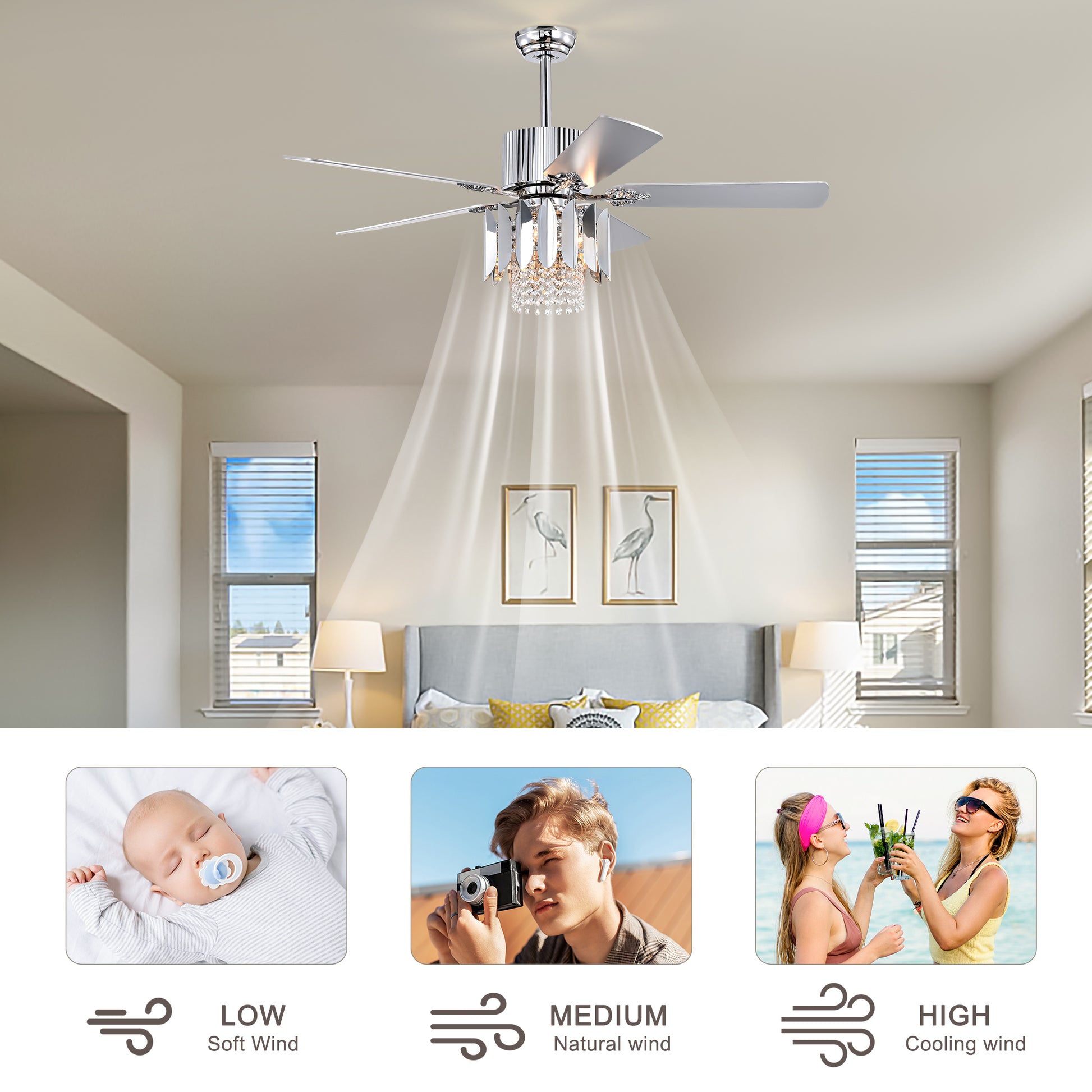 Crystal Ceiling Fan Reversible Blades 3 Wind Speeds Remote Control For Bedroom Living Dining Room Chrome Chrome American Design,American Traditional,Retro,Traditional,Vintage Crystal Iron