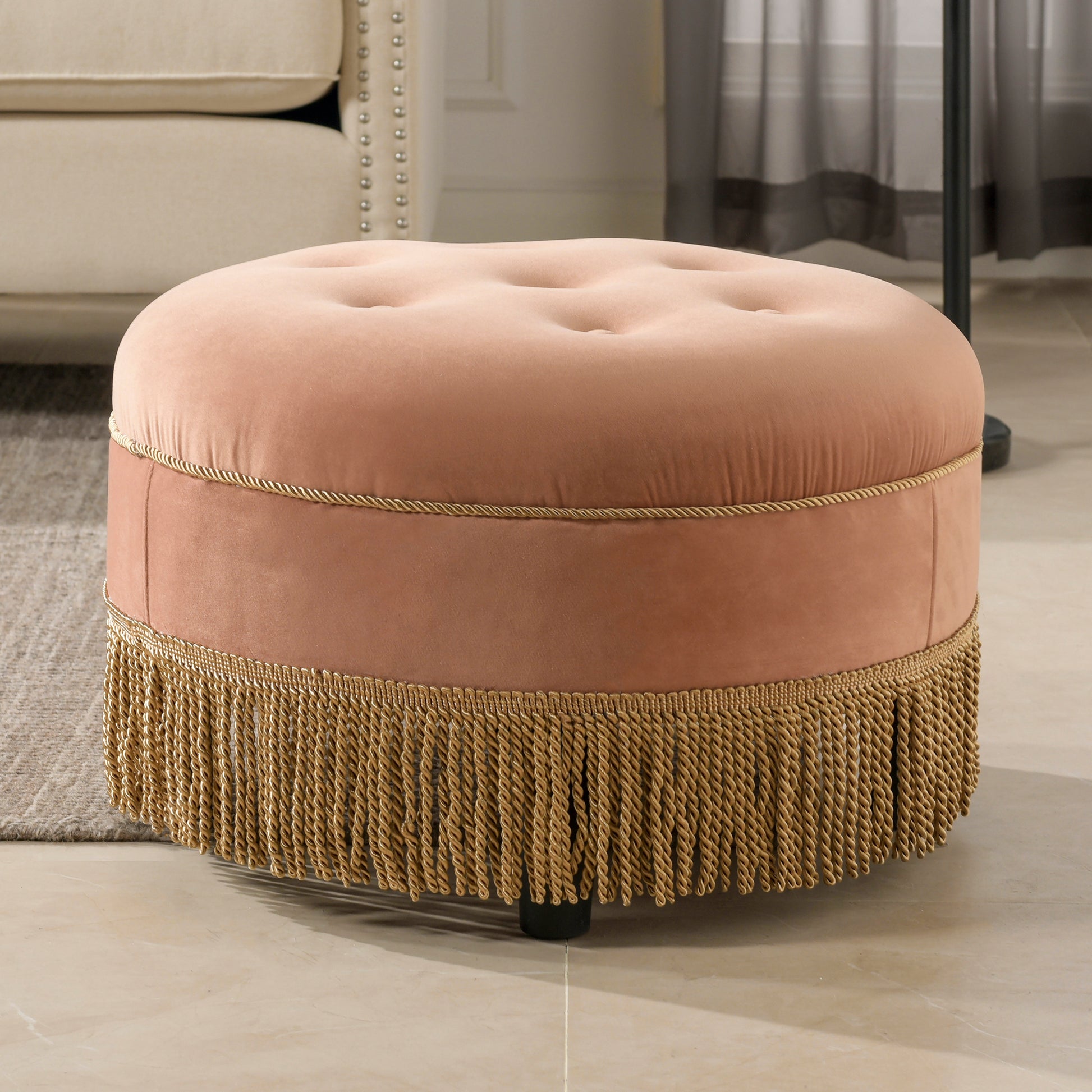 Yolanda 24" Round Upholstered Accent Ottoman, Peach Orange Velvet With Gold Trim Orange Foam Velvet