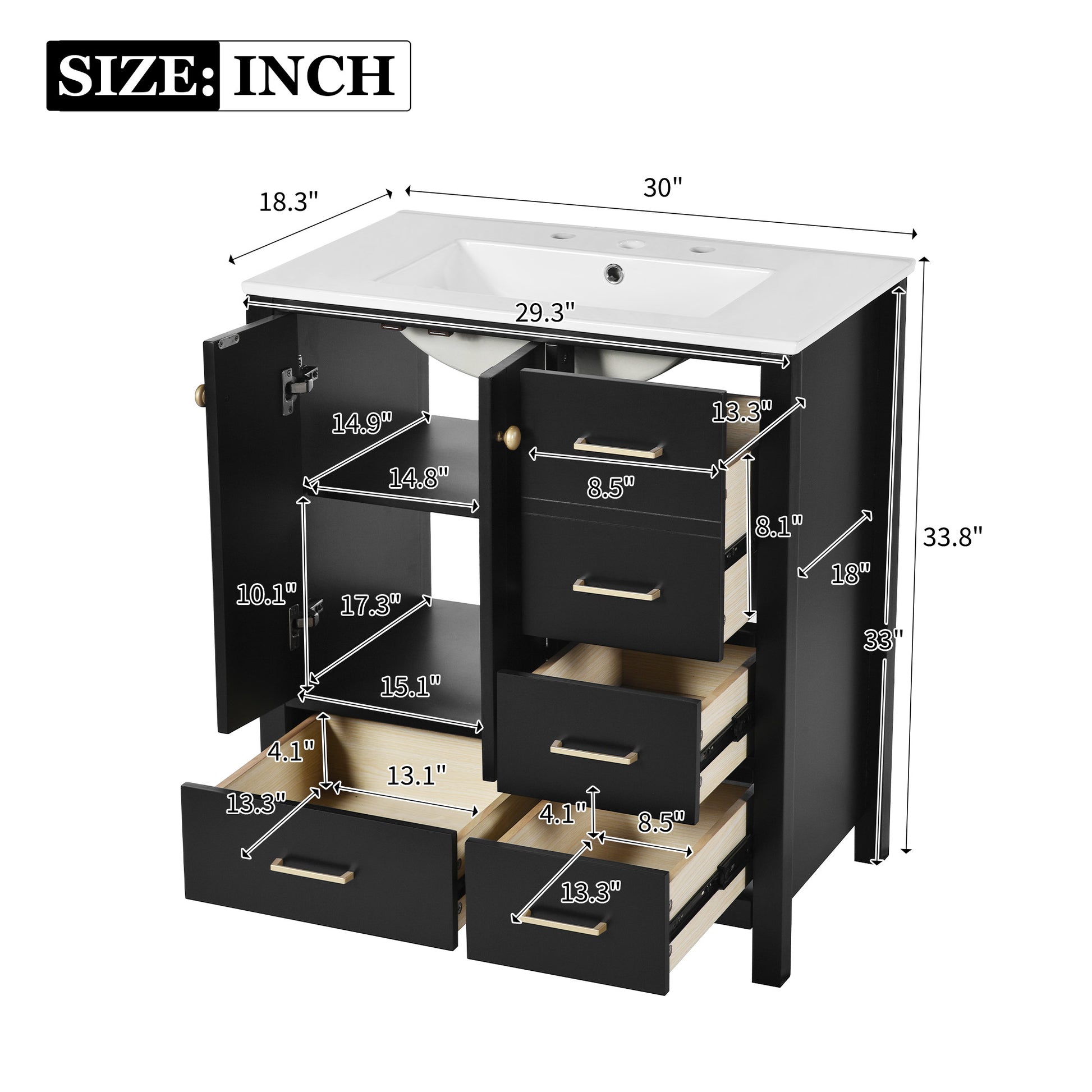 30'' Bathroom Vanity With Resin Sink Combo, Solid Wood Frame Bathroom Storage Cabinet, Freestanding Vanity Set With 4 Drawers& Soft Closing Doors, Black Black Bathroom Modern Solid Wood Mdf Resin