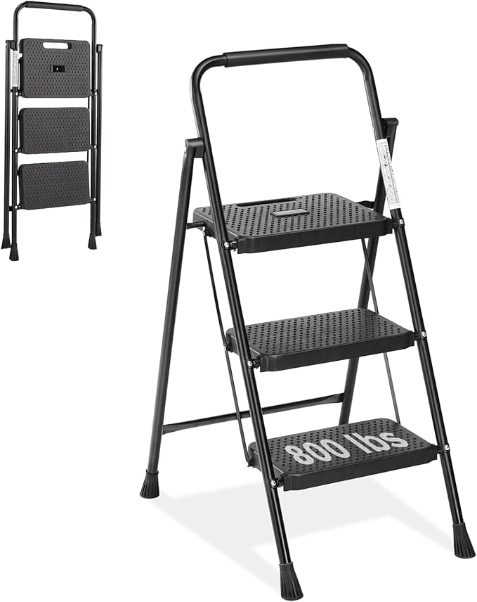 3 Step Ladder, Step Stool Foldable, 800Lbs Portable Ladder With Wide Anti Slip Pedal, Step Stool For Adults, Lightweight Step Ladder For Home Kitchen And Outdoor Black Metal & Wood