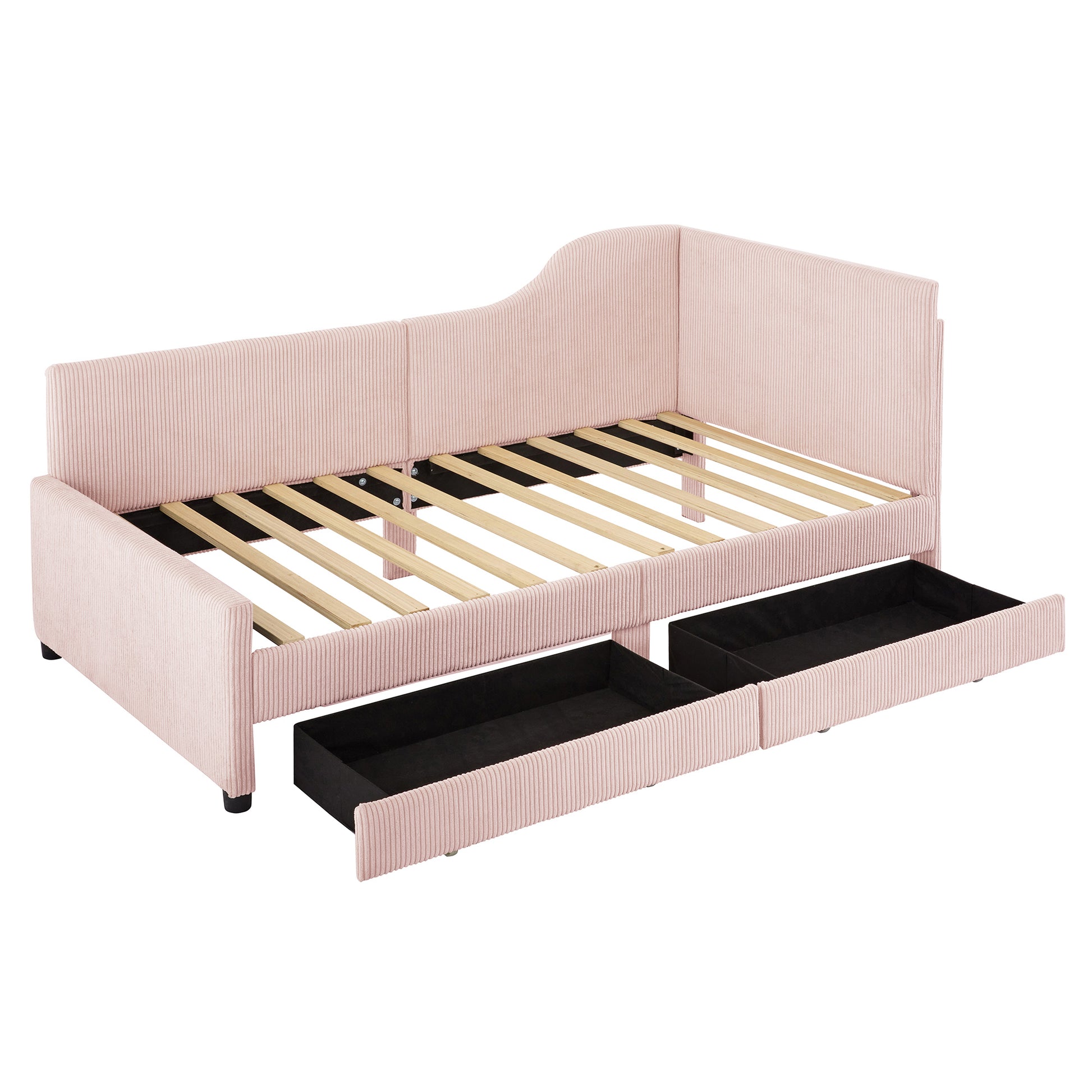 Twin Size L Shaped Corduroy Daybed,Upholstered Bed Frame With 2 Storage Drawers,Pink Twin Pink Wood Fabric