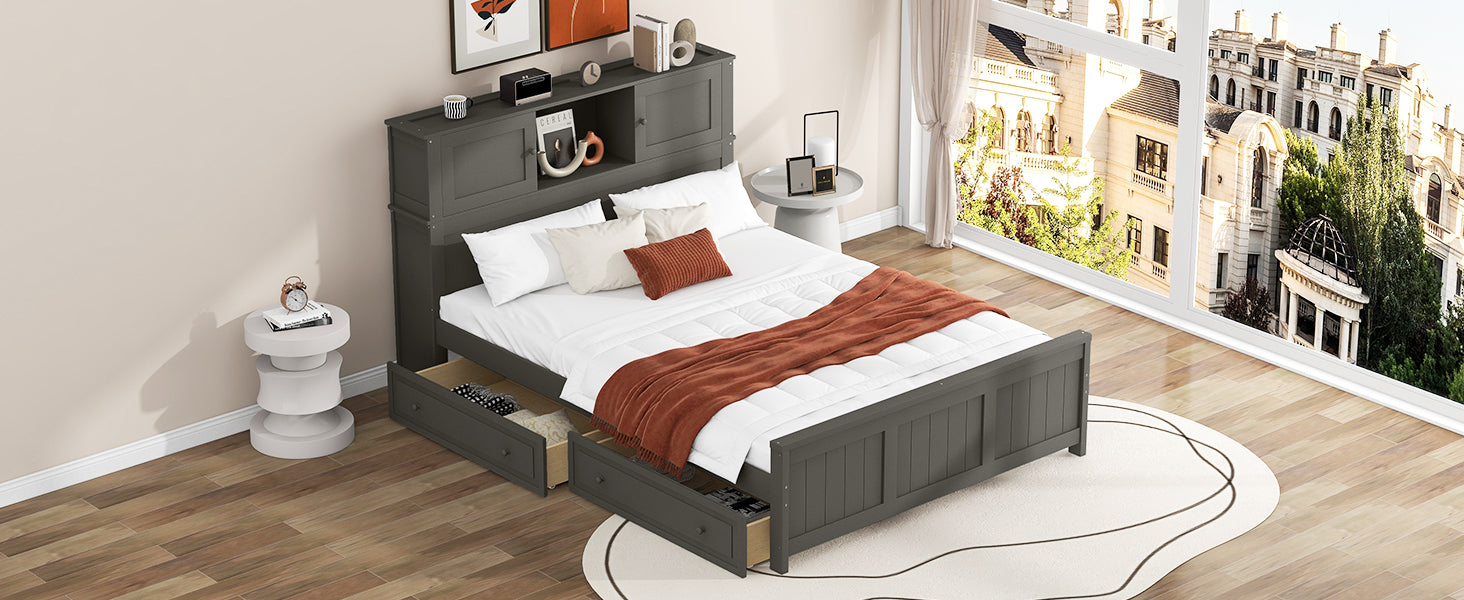 Full Size Platform Bed With Storage Headboard And Sliding Door,2 Drawers, Gray Full Gray Solid Wood Mdf