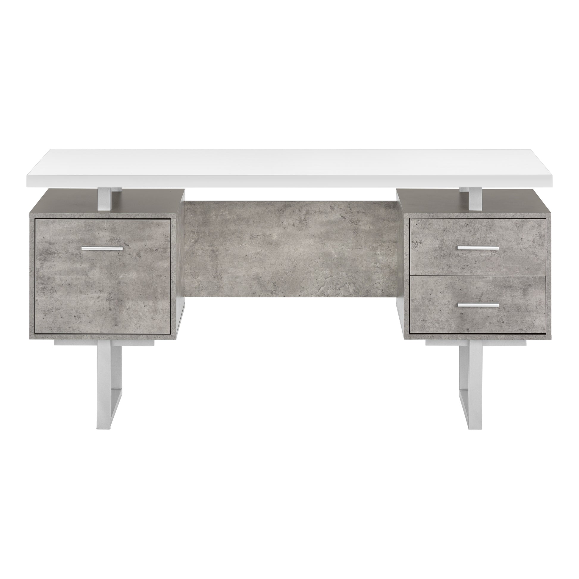 Computer Desk, Home Office, Laptop, Left, Right Set Up, Storage Drawers, 60"L, Work, White And Grey Concrete Laminate, Grey Metal, Contemporary, Modern White Particle Board