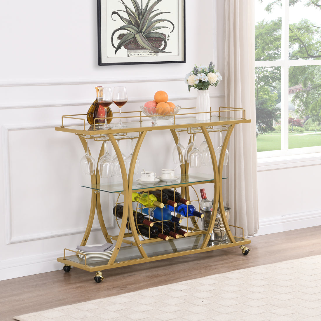 Golden Bar Cart With Wine Rack Tempered Glass Metal Frame Wine Storage Golden Glass Metal