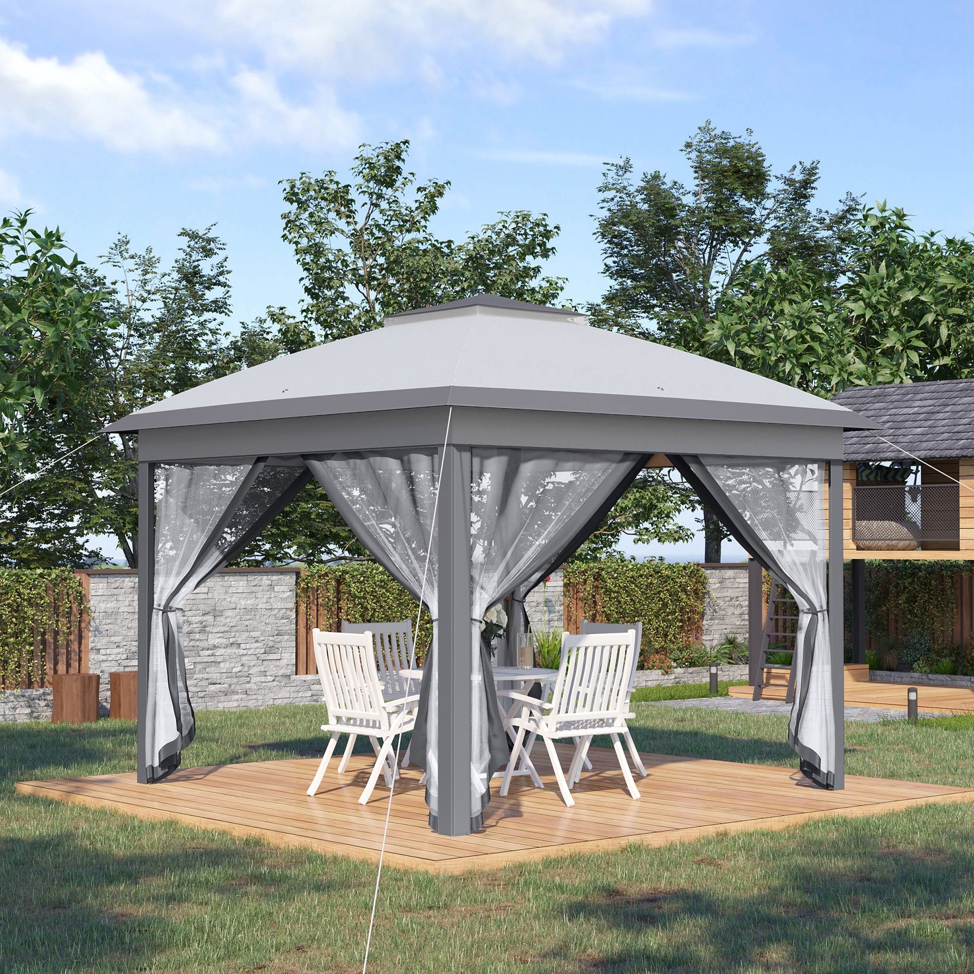 Outsunny 11' X 11' Pop Up Canopy Tent With Netting And Carry Bag, Instant Gazebo Sun Shelter, Tents For Parties With 121 Square Feet Of Shade, For Outdoor, Garden, Patio, Gray Grey Steel