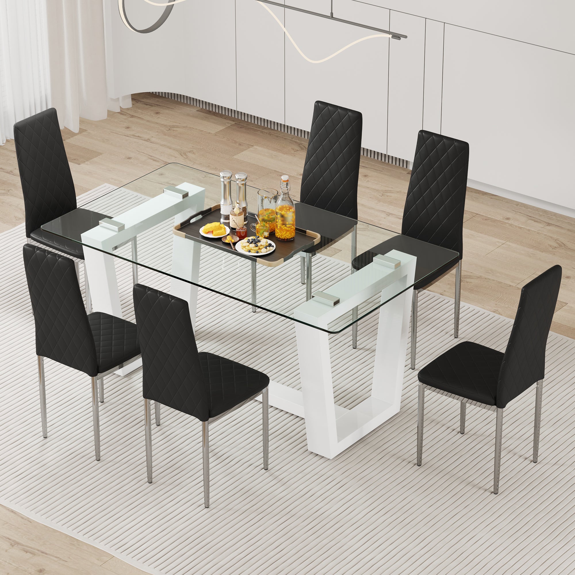 Table And Chair Set.A Rectangular Dining Table Features With Tempered Glass Top And Sleek White Mdf Stand.Paried With 6 Pu Chairs With Checkered Armless High Back And Electroplated Metal Legs. Black,White Seats 6 Mdf Glass