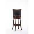 Sabi 29 Inch Swivel Counter Stool, Solid Wood, Faux Leather, Brown, Black Brown Black Wood Fabric