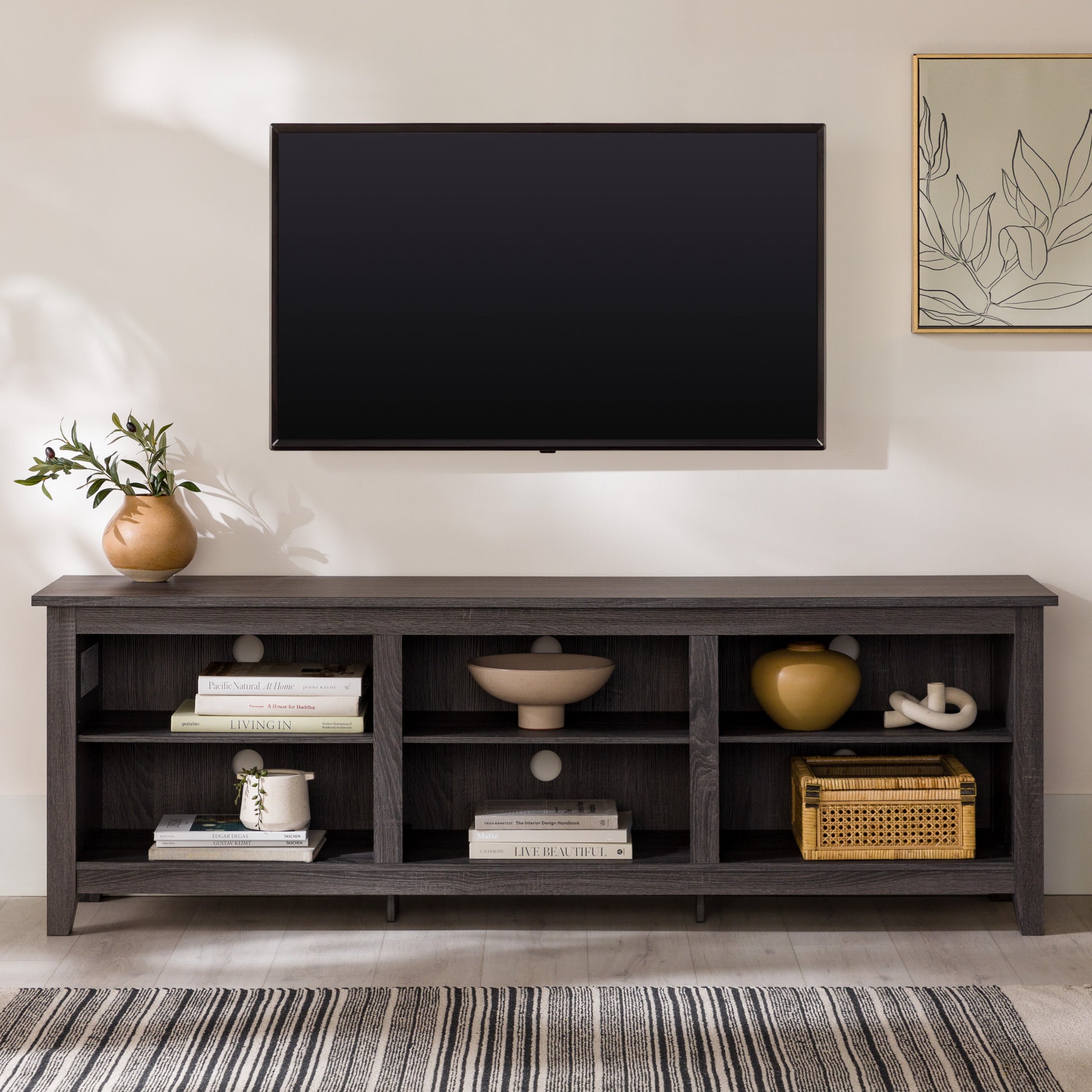 Modern Transitional 3 Shelf Open Storage 70" Tv Stand For 80" Tvs Charcoal Charcoal Grey Mdf