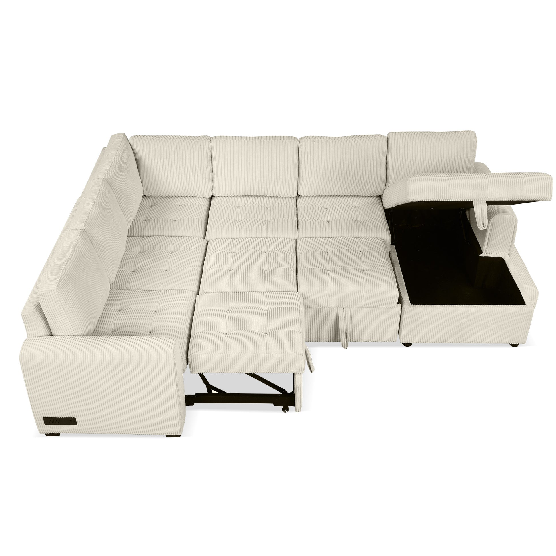 107.5" U Shaped Sofa Sectional Sofa Pull Out Sofa Bed With A Storage Chaise Lounge, Charging Devices For Living Room, Beige Beige Foam Corduroy 5 Seat