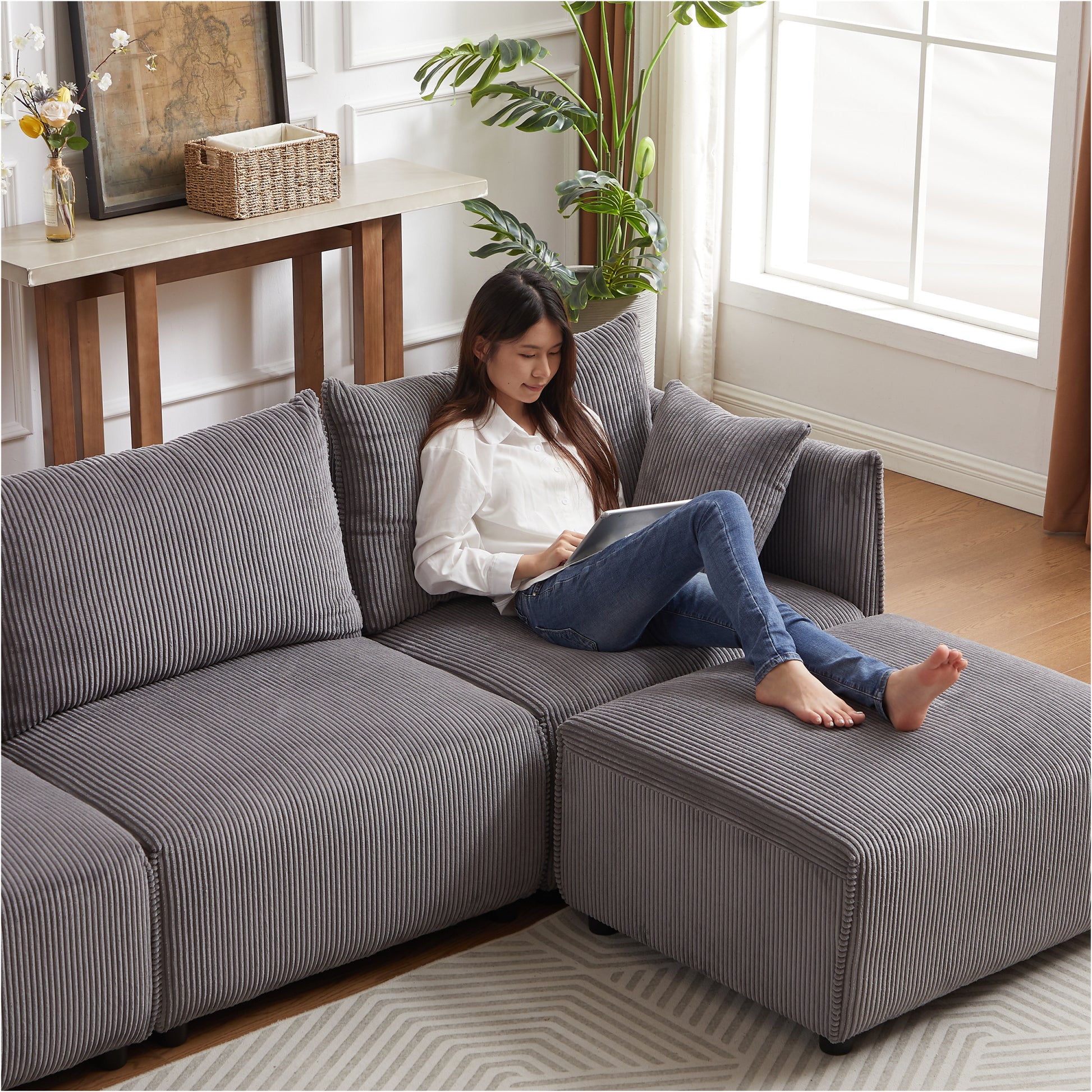 Multi Module Combination Style Sofa For Living Room, Bedroom And Other Lounge Spaces, Modern Minimalist Corduroy Combination Sofa With 2 Comfort Cushions With Usb & C Charging Ports,Gray,Two Sets Gray Foam Fabric 8 Seat