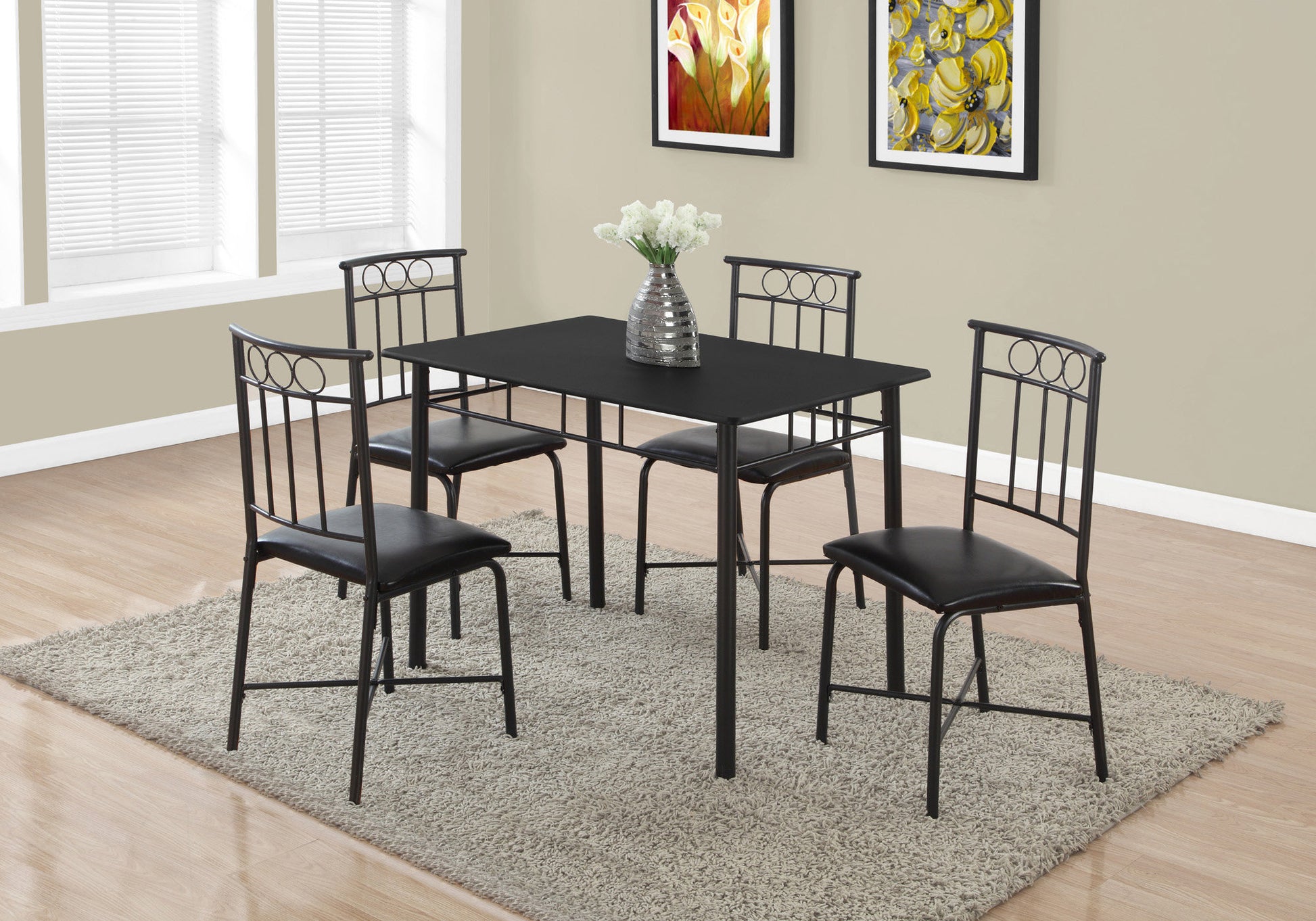 Dining Table Set, 5Pcs Set, Small, 40" Rectangular, Kitchen, Black Metal, Black Leather Look, Contemporary, Modern Black Foam Metal