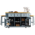 K&K 53Inch Large Kitchen Island With 2 Bar Stools, Power Outlet,Door Internal Storage Rack,Kitchen Storage Cart On 5 Wheels With Drop Leaf,5 Open Side Racks,3 Drawers For Kitchen,Dining Room,Grey Blue Grey Blue Gray Kitchen