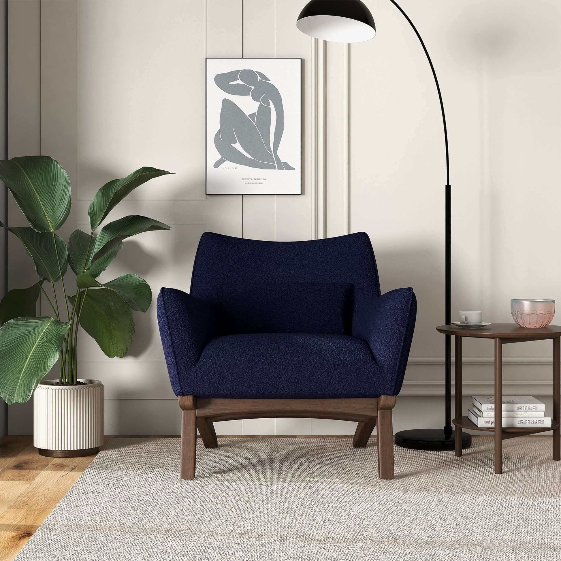 Brayden Mid Century Modern Dark Blue Boucle Armchair Dark Blue Boucle,Solid Wood