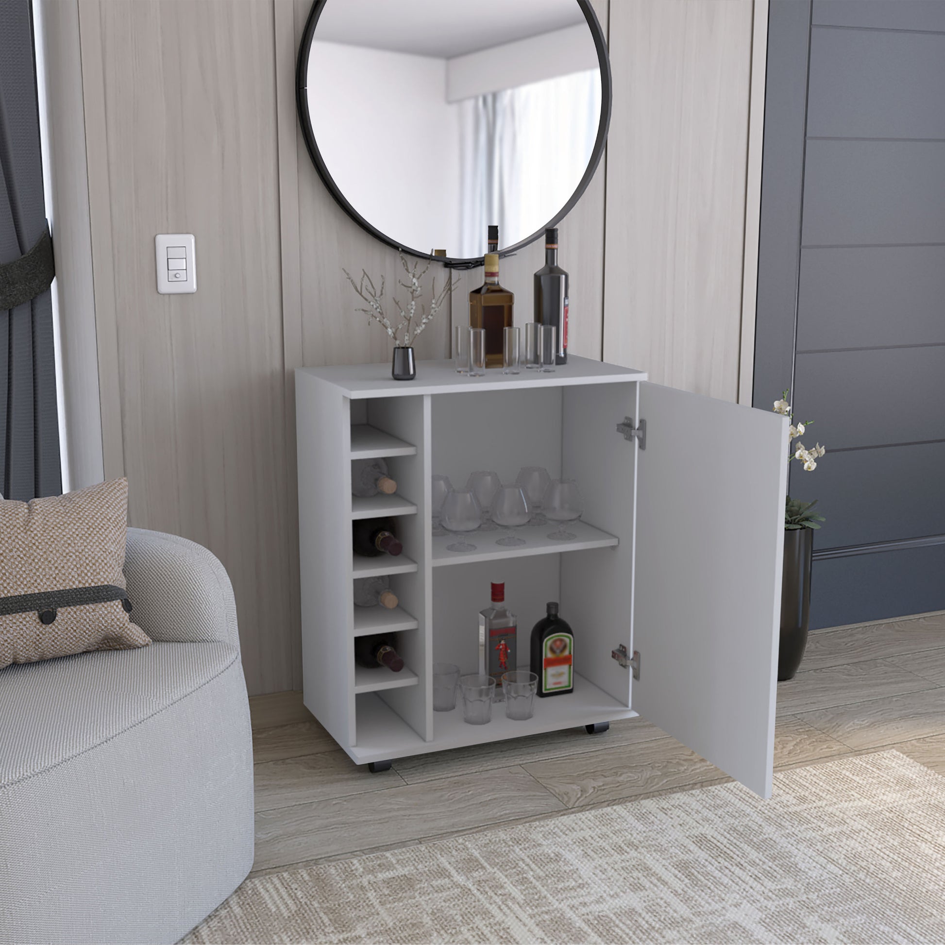 Wick Bar Cart With Integrated Wine Storage, Spacious Cabinet And Smooth Rollers White Dining Room Modern Particle Board Shelves Included Engineered Wood