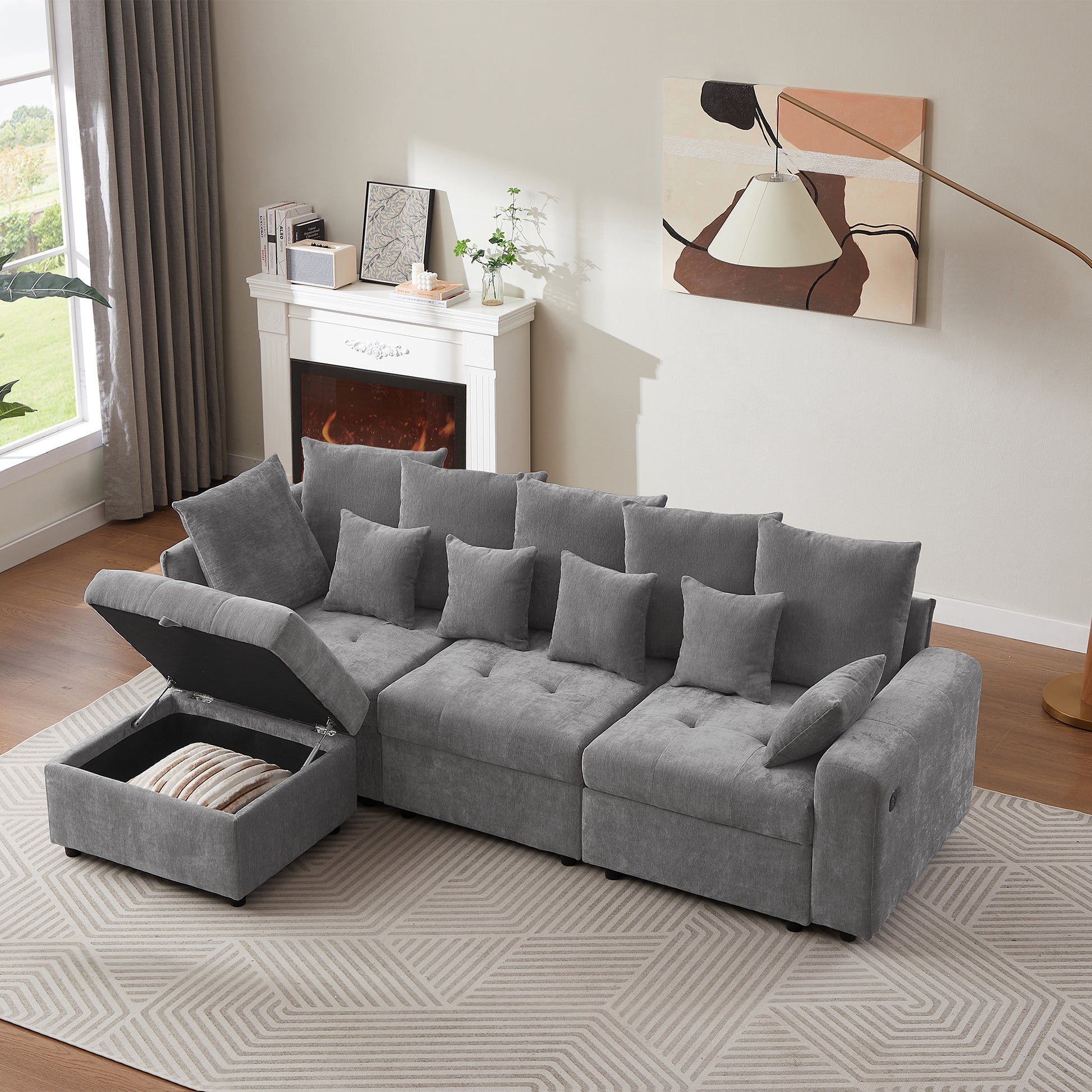 96.45"Sectional Sofa Modular Sofa Couch With Three Usb Ports, A Removable Storage Ottoman And Five Back Pillows For Living Room, Grey Grey Foam Chenille 4 Seat