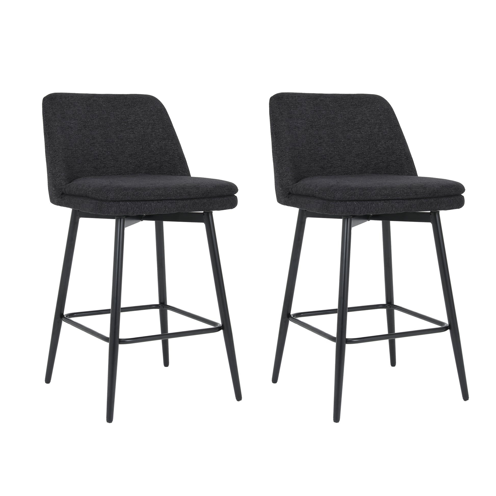 Counter Height Swivel Bar Stools Set Of 2, 360 Swivel Upholstered Barstools With Back And Metal Legs, 25.6" Seat Height,Counter Stools For Kitchen Island And Pub,Linen Cloth,Black Linen. Black Set