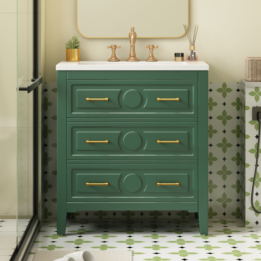 30'' Bathroom Vanity With Resin Sink Combo, Free Standing Single Vanity Set With 3 Drawers, Solid Wood Frame Bathroom Storage Cabinet, Green 3 Green Bathroom Freestanding Solid Wood Mdf Resin Painted